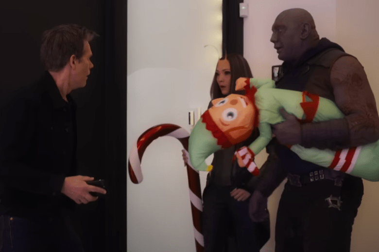 Mantis and Drax meet Kevin Bacon in the Guardians of the Galaxy Holiday Special.